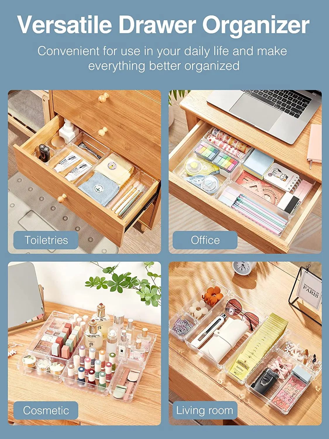 Desk Drawer Organizer Trays Set for Cutlery Makeup Tools Hot Sale Multi-purpose Plastic Storage Boxes Bins Acrylic Clear
