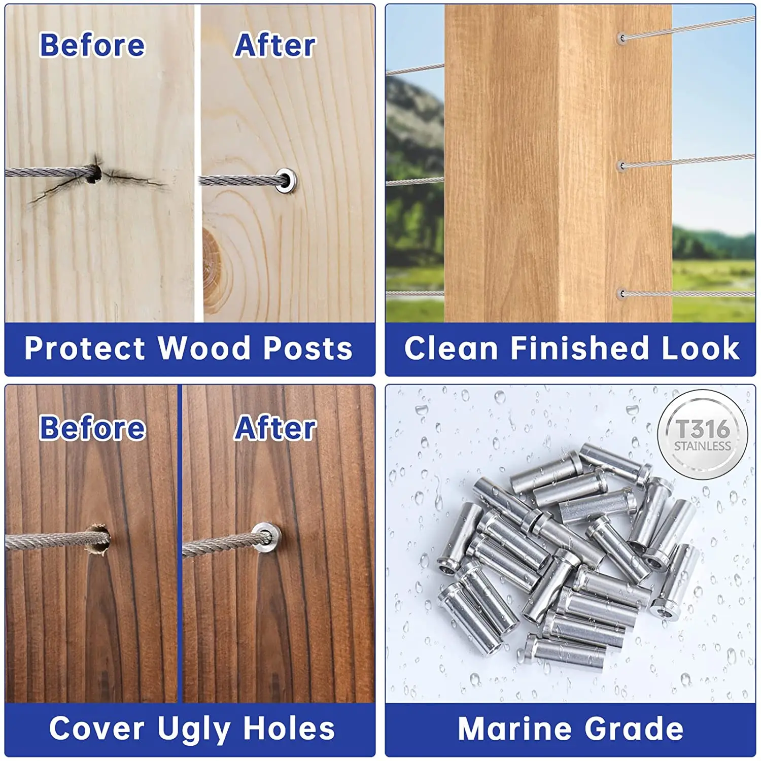 TAKA Stainless Steel Protective Sleeves Cable Railing Kit for Wire Rope Cable Wood Posts Deck Stair Cable Railing Fitting