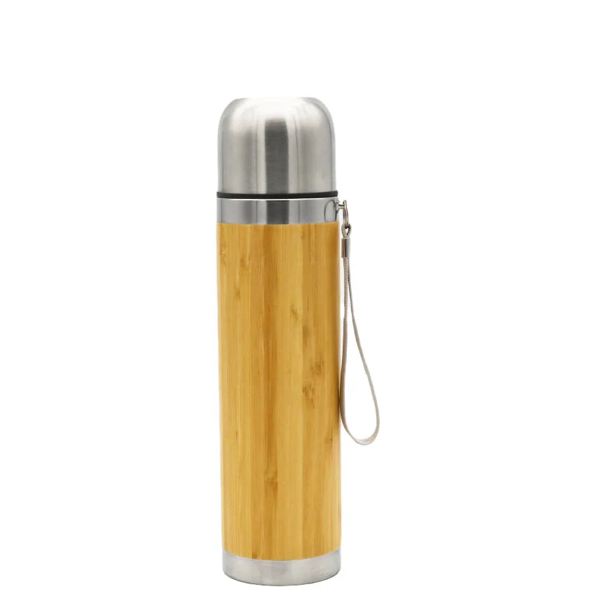 eco-friendly 500 ml stainless steel bamboo mug bullet shape vacuum flask with handle travel water bottle for hot