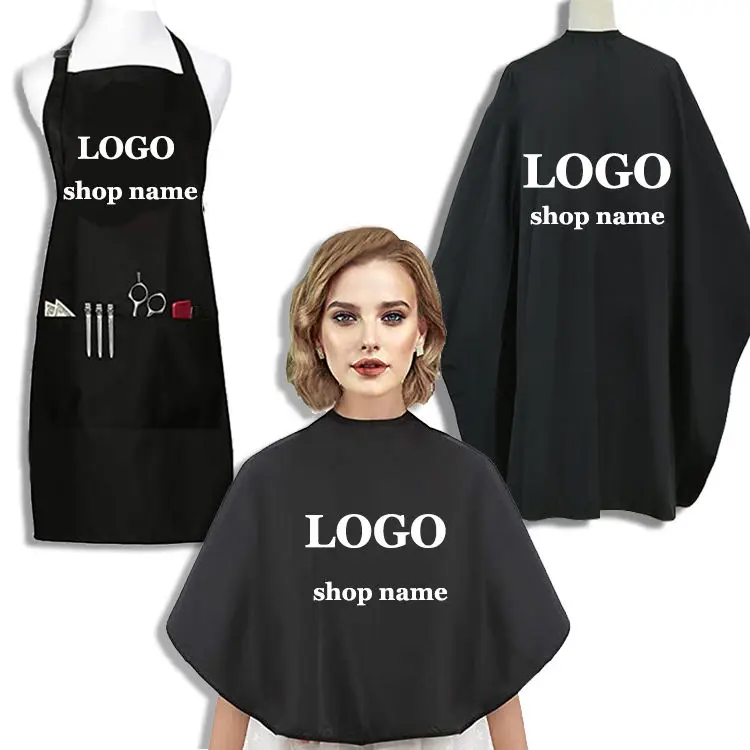 custom logo black waterproof salon barber sets gown polyester haircut hairdresser baber cape and apron and hair dye cape