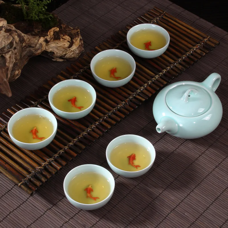 Chinese Tea Cups Porcelain Celadon Fish Teacup Set Loose Leaf Teapot Drinkware Oolong Tea Ceramic China Kung Fu Tea Sets D042