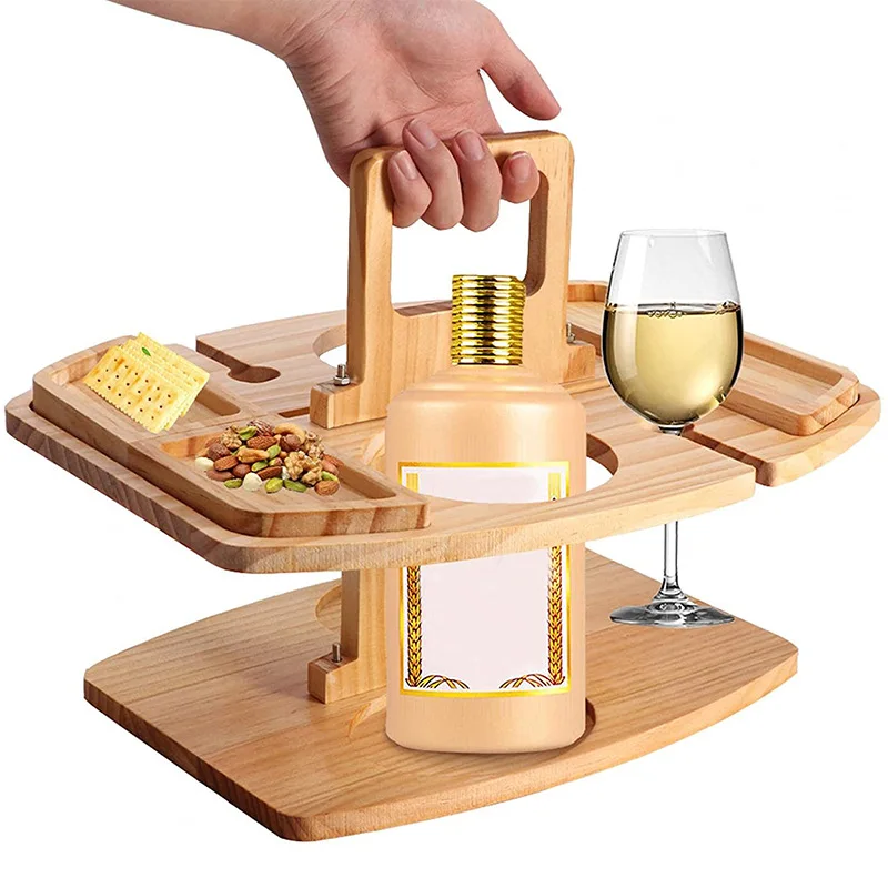 Portable Picnic Table Wooden Wine Picnic Tables Snack Cheese Tray with Wine Glasses Holder Outdoor Beach Bar Table Carrier