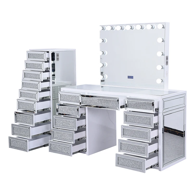 Large capacity OEM modern design dressing room 11 drawers led make up vanity table set with mirror