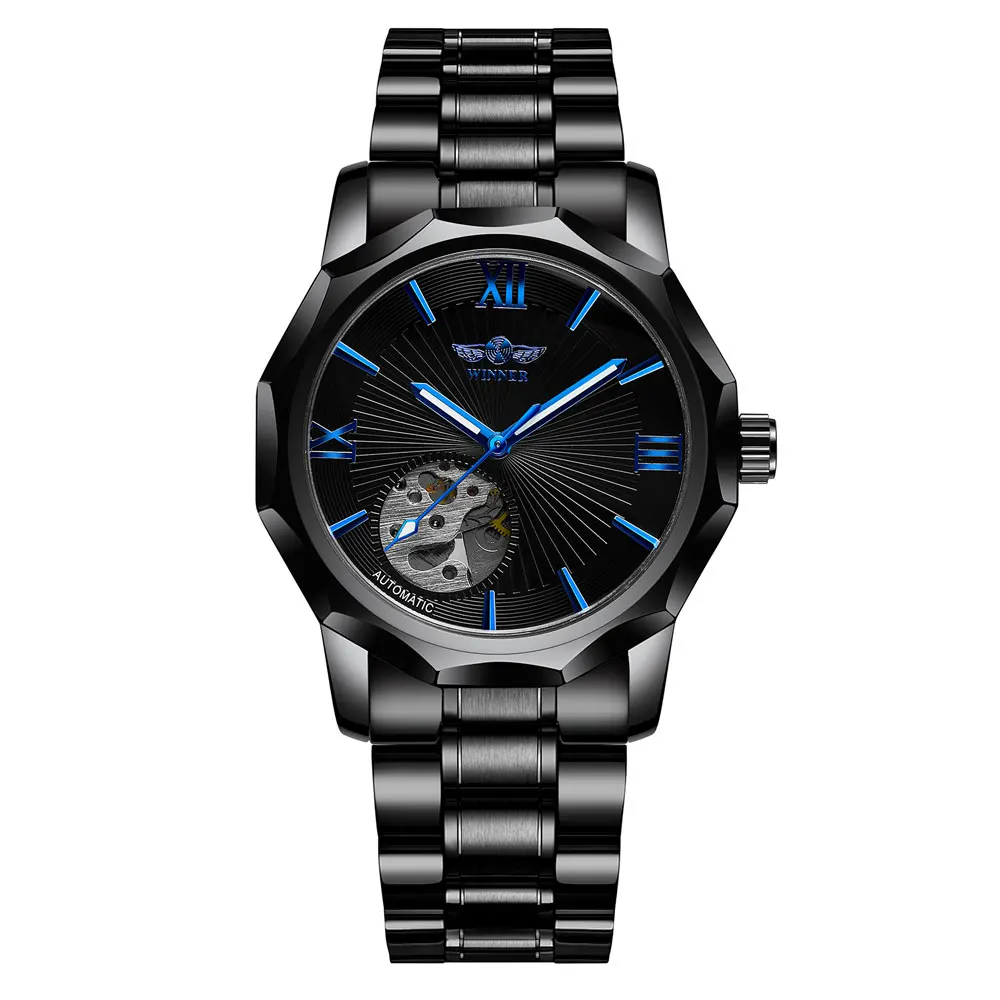 Top Brand Winner Hot Sale Automatic Watch for Men Black Stainless Steel Luxury Skeleton Wrist Watches