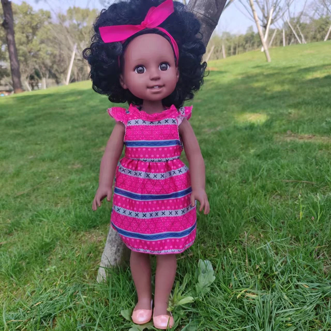 Factory direct sale 15 inch full vinyl can take a bath and dress up curly hair african black doll