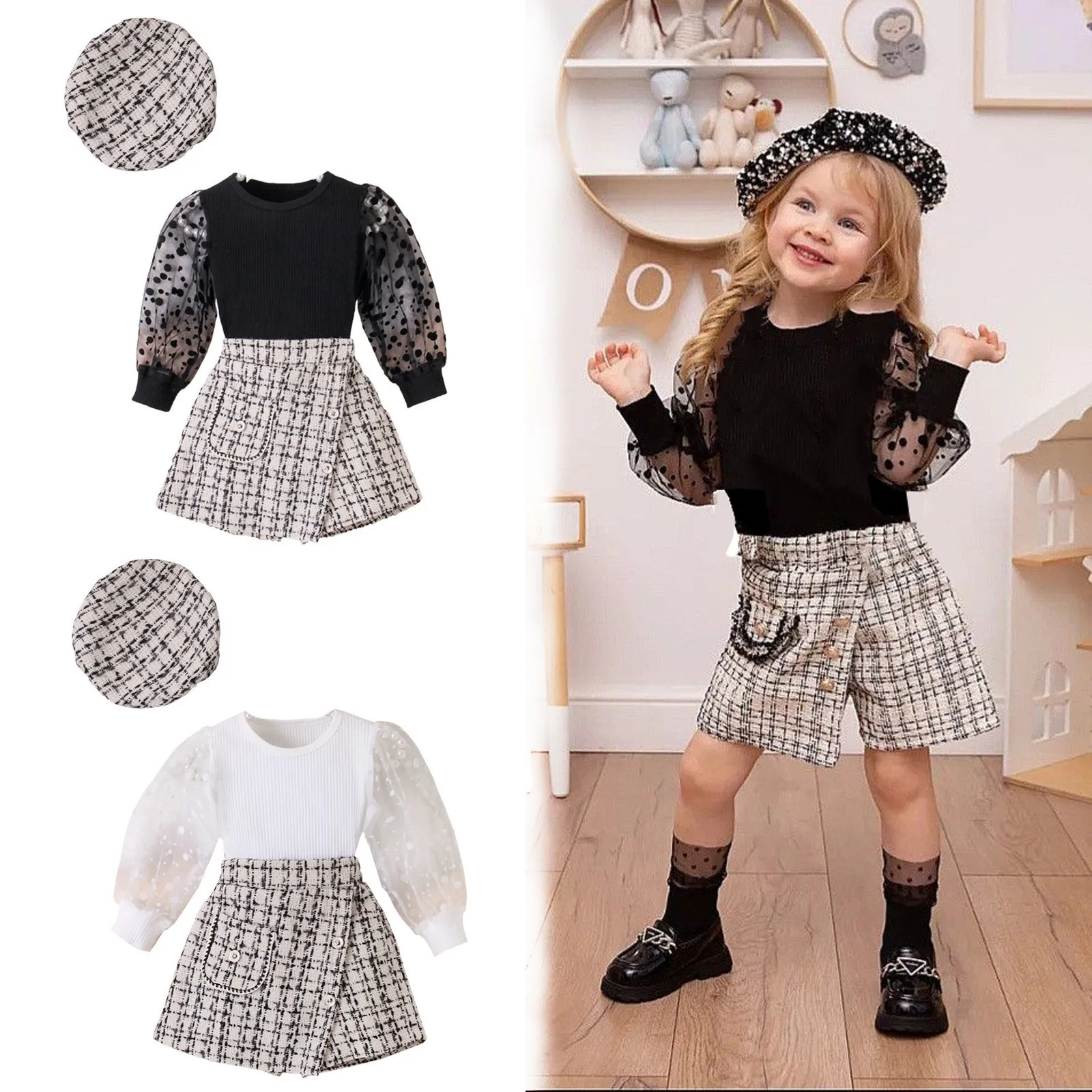 Fashion Style 3pcs Kids Girl Clothes Sets Autumn Season Hat+Shirt+Skirt Girl Set Clothes