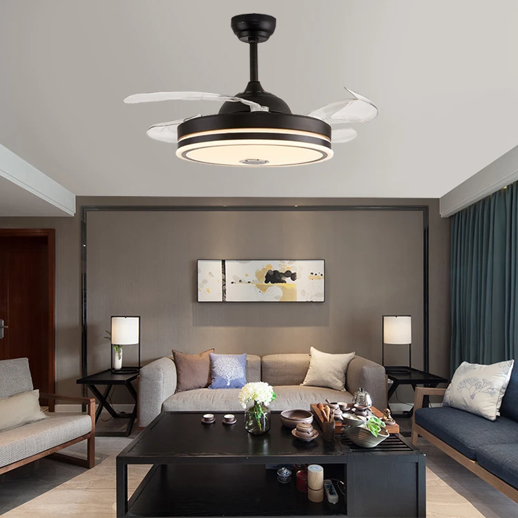Custom dazzling RGB music invisible fan lamp restaurant fan chandelier and ceiling fan with light lamp