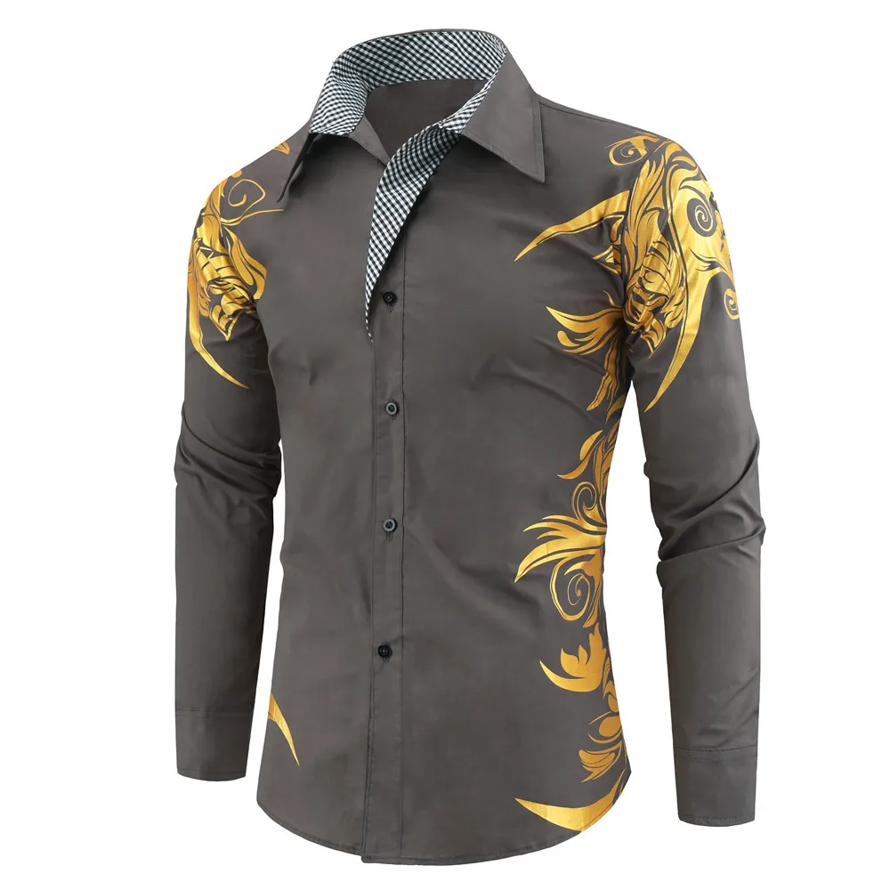 Hot sale Luxury Gold Black Shirt Men Slim Fit Long Sleeve Camisa Masculina Gold Black Chemise Homme Social Men Club Prom Shirt