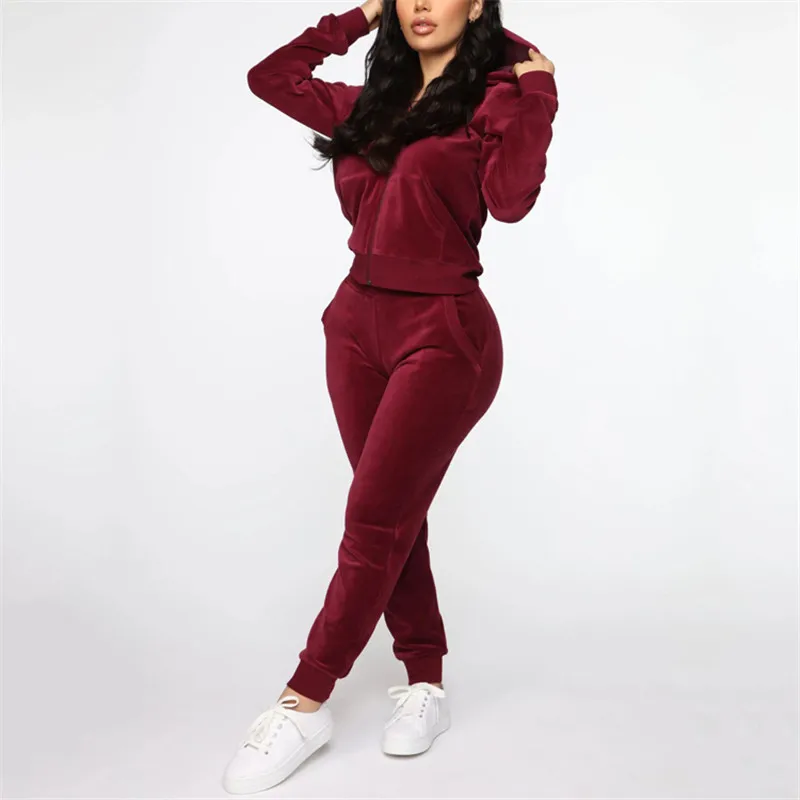 New Long Sleeve Active Jogger Suit Training Sweatsuit Women Fitted Velour Hooded velvet Tracksuit