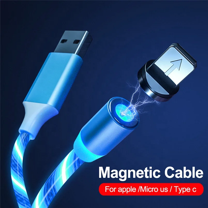  Светодиодный светящийся Магнитный зарядный usb-кабель типа C Micro USB 8 Pin 3 в 1 магнитный светодиодный кабель для