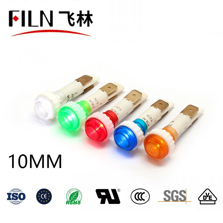 FILN 10MM Panel Mount LED Dash Light 3V 6V 12V 24V Plastic Signal lamp Red Blue Green Yellow White IP66