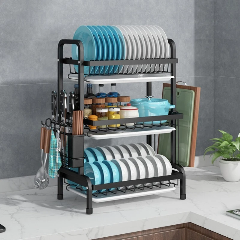 High Quality Dish Drying Rack for Kitchen Counter Stainless Steel Large 2/3 Tier Dish Rack with Auto-draining Tray Drainers