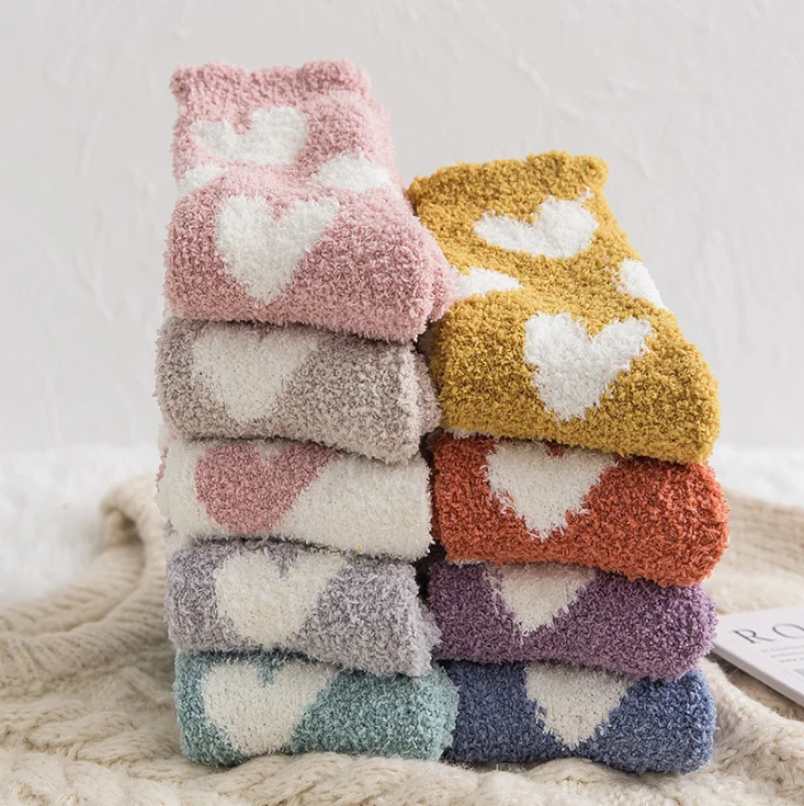 Зимние женские бархатные носки кораллового цвета в форме сердца теплые носки для сна