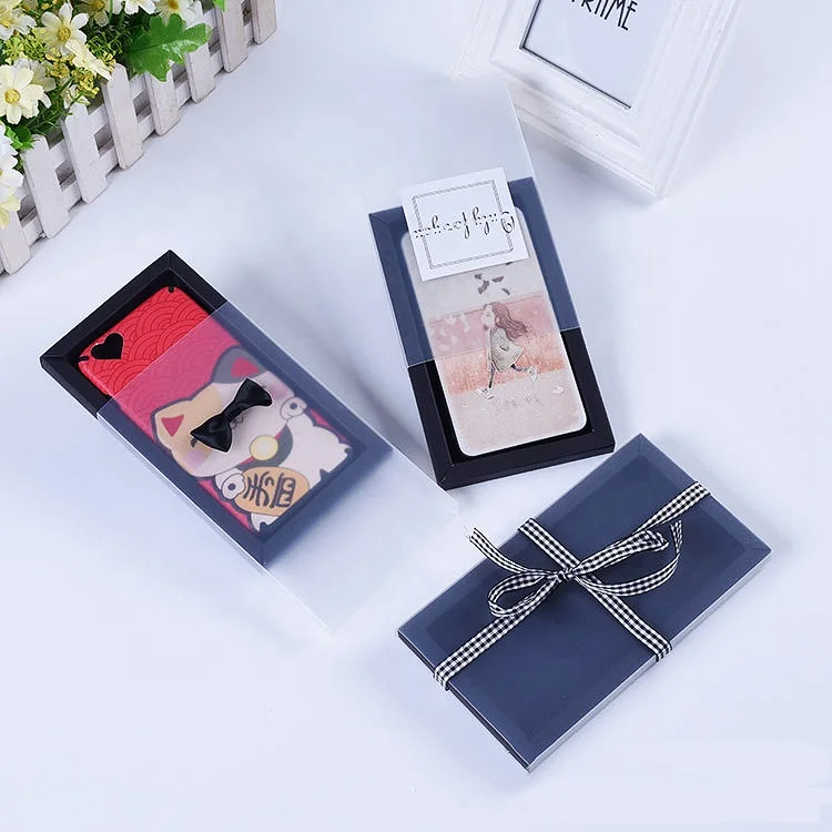 Drawer style sliding out kraft paper phone case retail packaging gift box with frost PVC sleeve