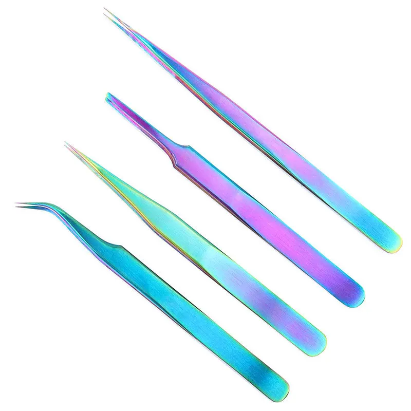 Nail Stainless Steel Rainbow Tweezers Eyelash Extension Curved Straight Head Colorful Nipper Clip Makeup Tools