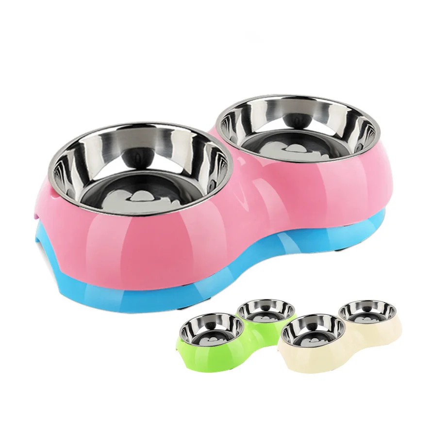Super Thick Non Slip Stainless Steel Dual Bowl Candy Color Dog Bowl for Small and Medium-sized Dog and Cat