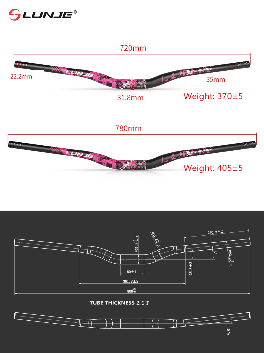 LUNJE  Swallow Handle Aluminum Alloy Mountain Bike Handlebar Mtb 31.8 * 720/780mm Bicycle Long Handlebar Handle