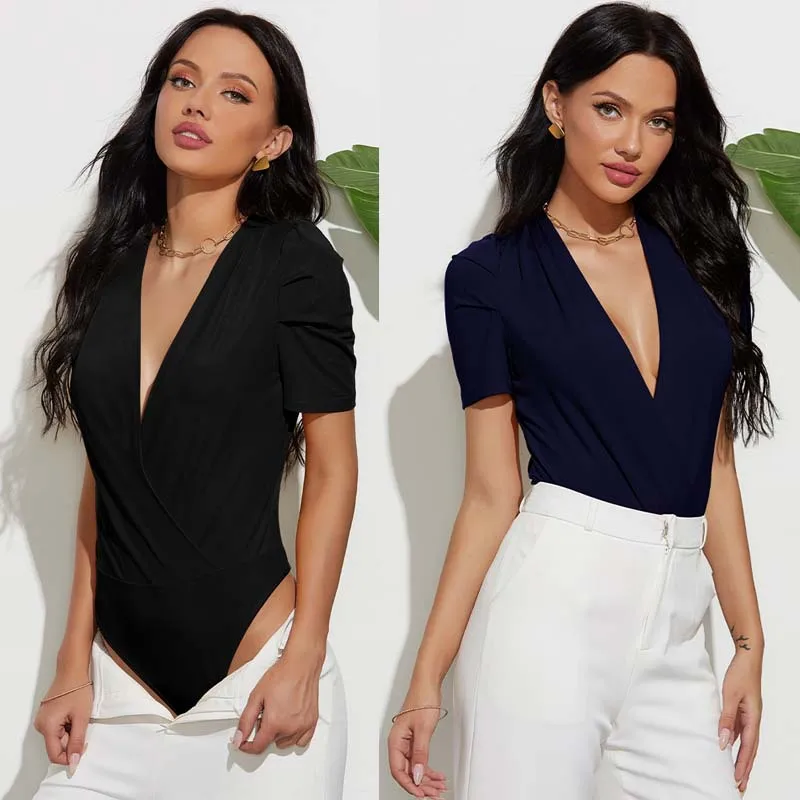 Women Clothing Rompers Sexy V-neck Slim Romper Girl Bodysuit Solid Clothes Catsuit Woman Black Navy Short Sleeve Bodysuits