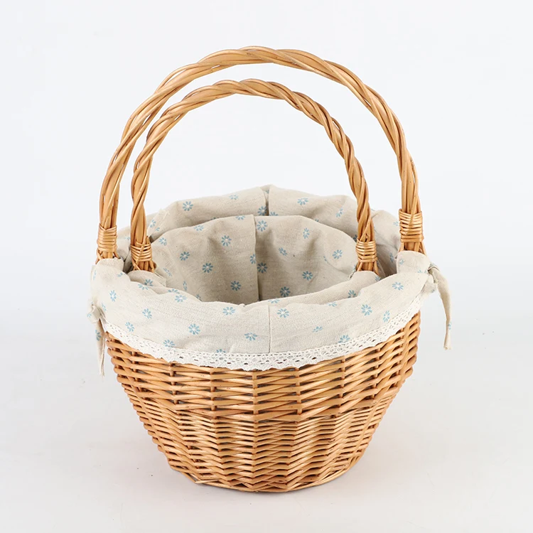 2022 Hot Sale wicker Weave  Handle Basket With hemp blue printed lining