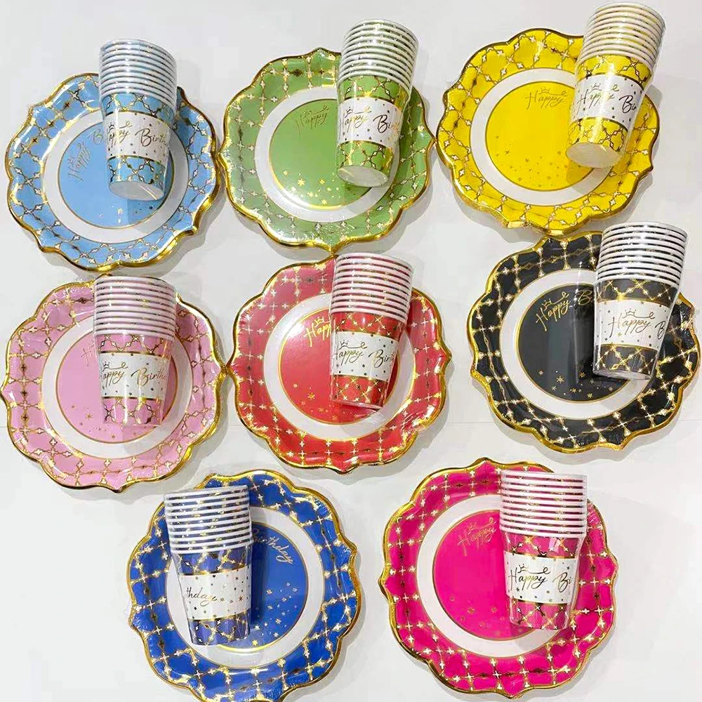 Custom Foil Disposable Party Tableware Set Paper Cups Plates Straws Napkin For Birthday Party Decorations Supplies