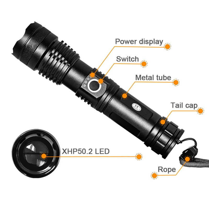 Torch 5 Modes USB Zoom LED Torch xhp50 18650 or 26650 Battery Best Camping, Outdoor