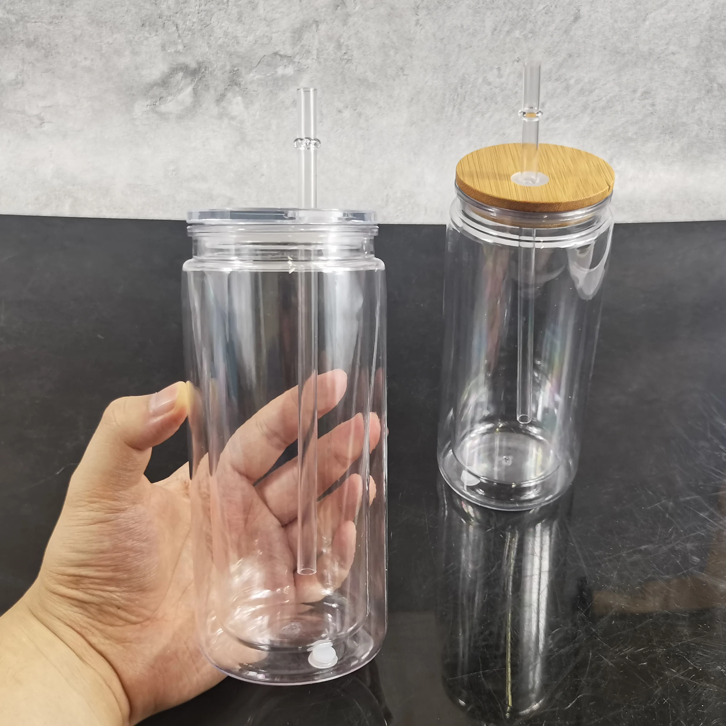 Reusable 16oz 20oz Transparent Snow Globe Plastic Cup with Lid and Straw Double Walled Pre-drilled Glitter Acrylic Can Tumbler