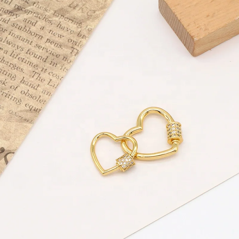 Customized DIY Connector Clasp Lock Heart Charm CZ Gold Plated Screw Carabiner Heart Clasp For Women Bracelet Necklace Making
