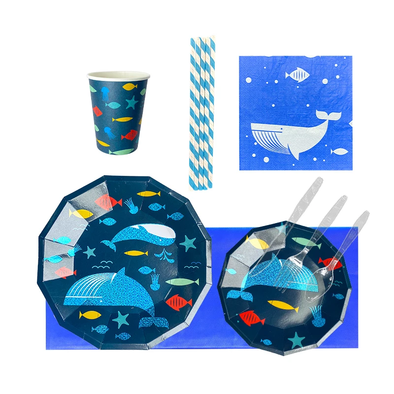 Partybus Whale Pattern Dark Blue Dodecagonal Paper Plates/ Cups/ Napkins/ Cutlery Kids Birthday Party Disposable Tableware Set