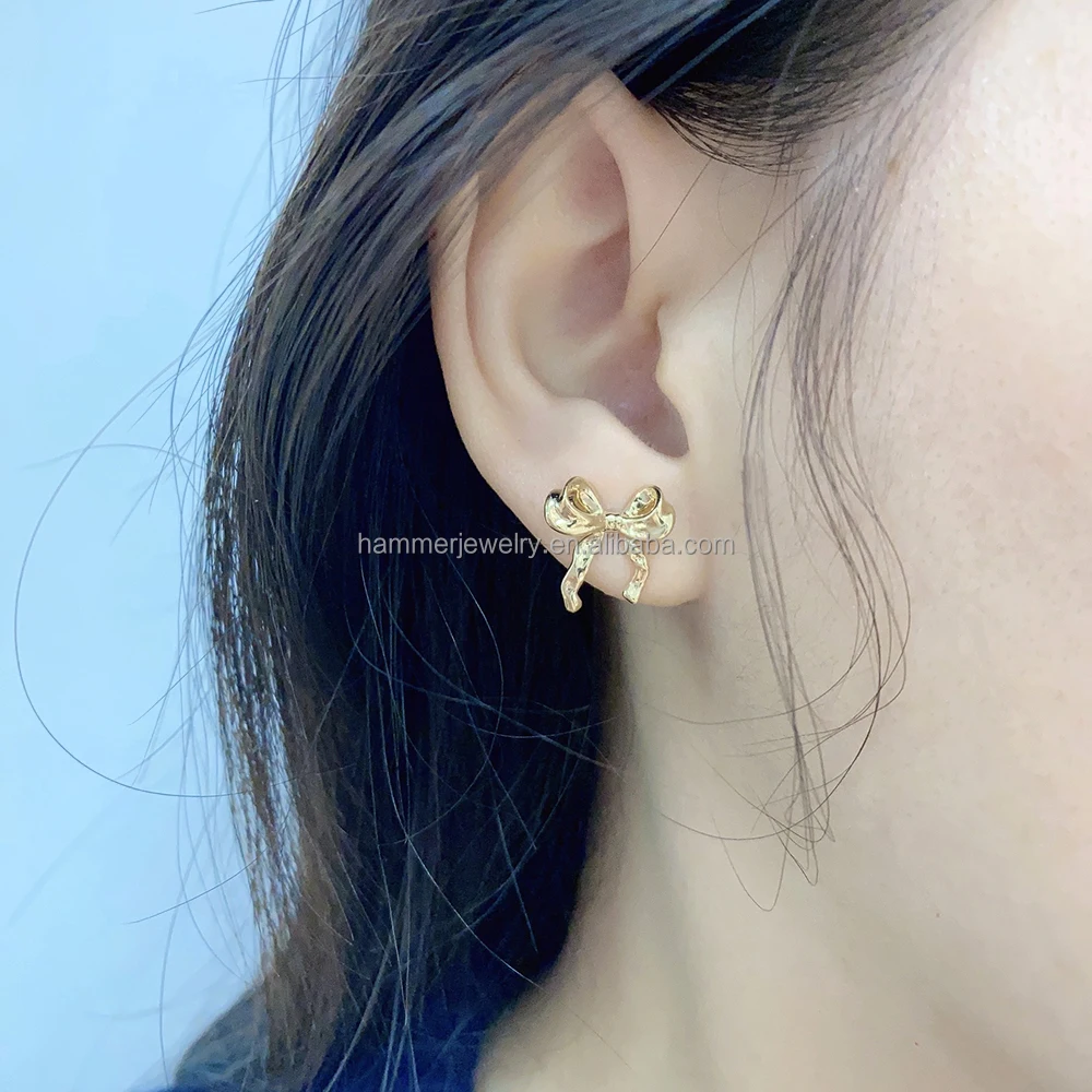 Classic  S925 Sterling Silver earrings with 14k gold finished  for Women Cute Ribbon Studs for Anniversary Gift