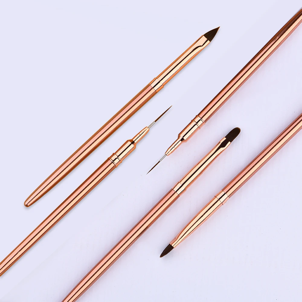 Rose Gold Nail Brushes Paint Private Label Metal Nylon Hair 3D UV Detail Manicure Thin Nail Art Brushes Nails Liner with Case