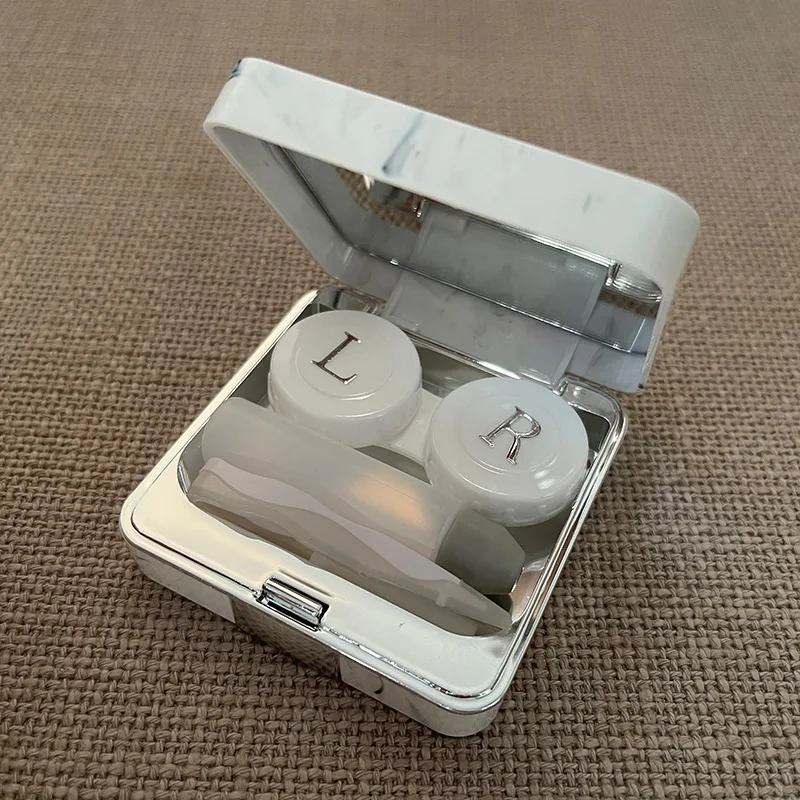 Round Fashion Marble Contact Lens Case, Portable Contact Lens Box Kit with Mirror