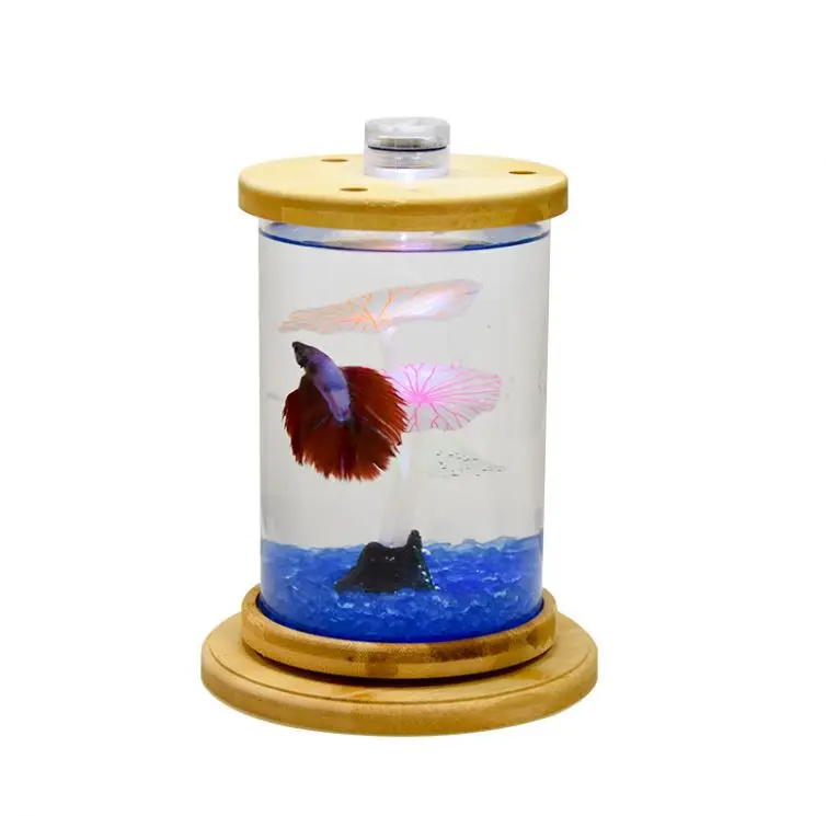 Rotating round fish tank table glass mini betta bottle small light fish tank