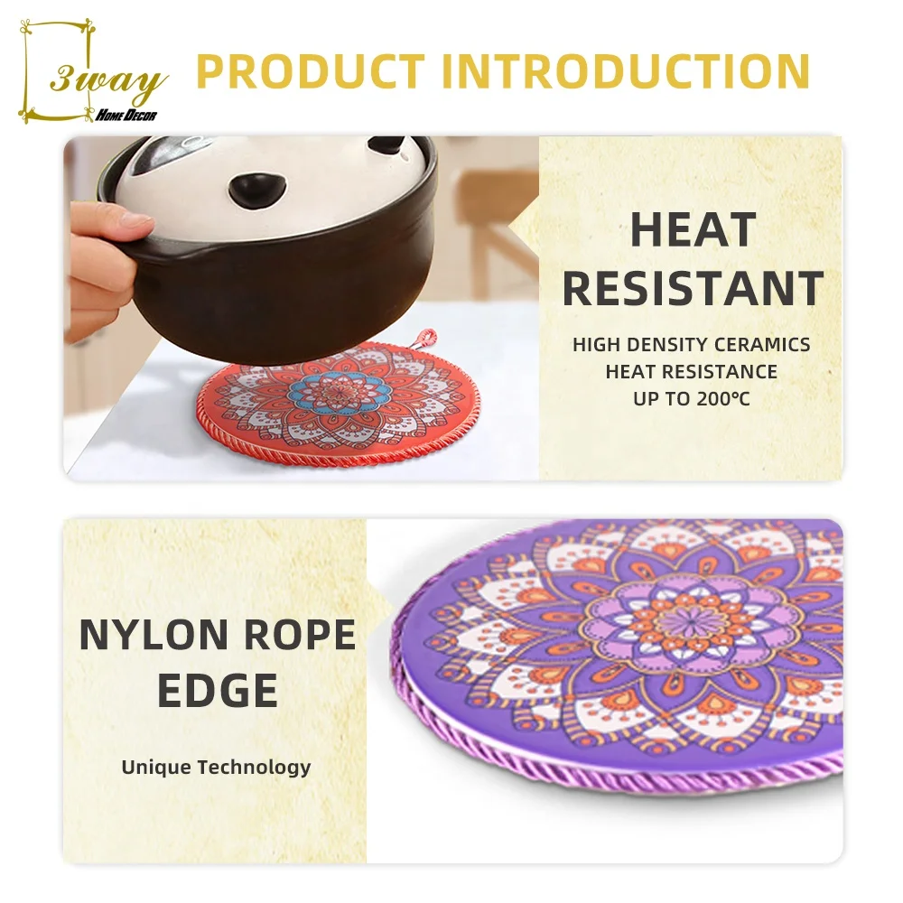 Mandala printing OEM custom round shape ceramic tile pot trivet mats with cork base heat resistant for kitchen table decoration