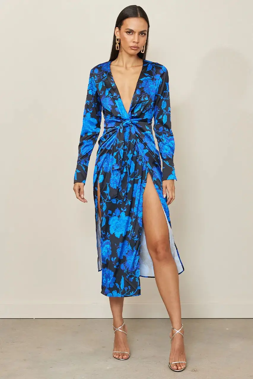 Custom floral print long sleeve deep v neck high split satin midi dress