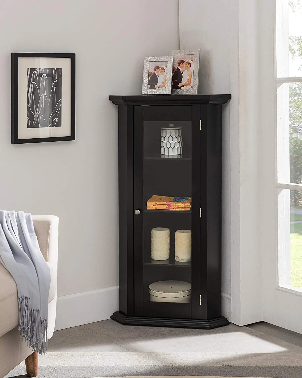 
modern black corner curio tall wood glass storage showcase display cabinet living room 