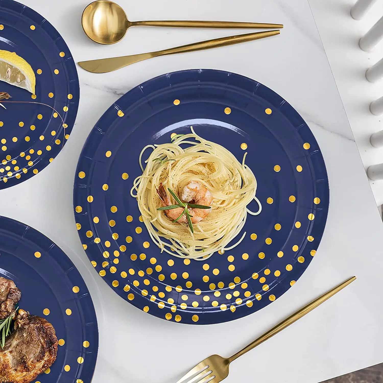 Wholesale Blue Bronzing Party Tableware Dinnerware Set Paper Plate Cup Knife Fork Spoon for Birthday Graduation Party