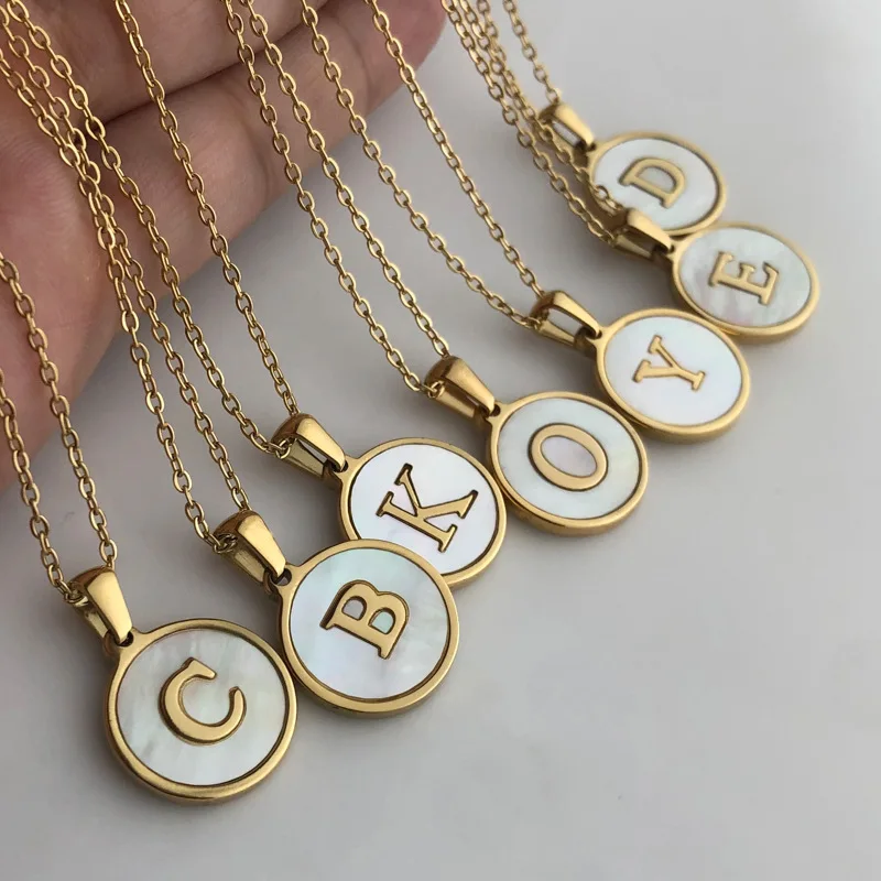 Stainless Steel Initials Name Necklace Fashion Gold Plated Jewelry Natural Shell Alphabet Letter Pendant Choker For Women