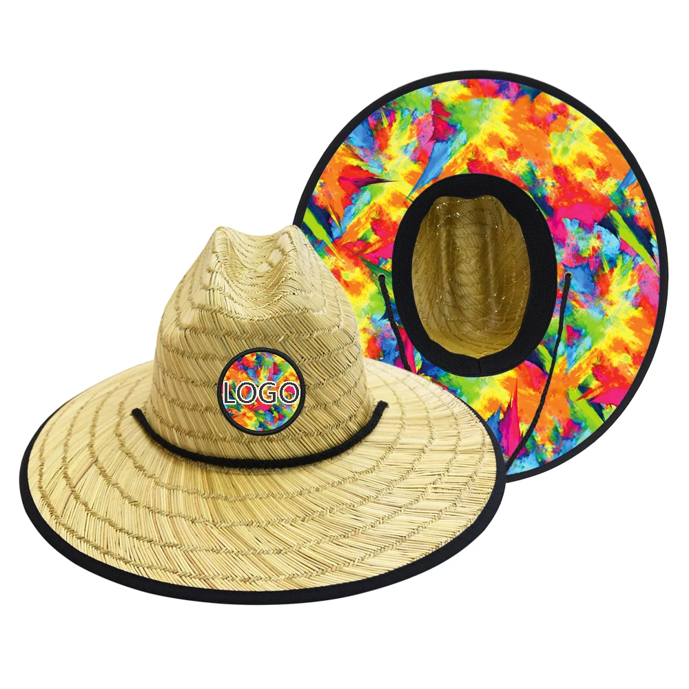 JAKIJAYI brand straw hat men custom logo lifeguard straw  hat beach a big hat straw with american flag