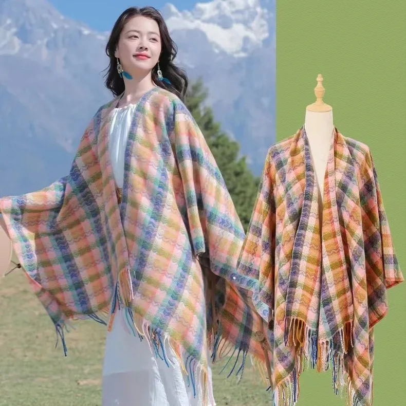 2024 Fashion Unique Plaid Poncho Cape Open Front Blanket Shawls And Wraps Custom Poncho For Women Winter