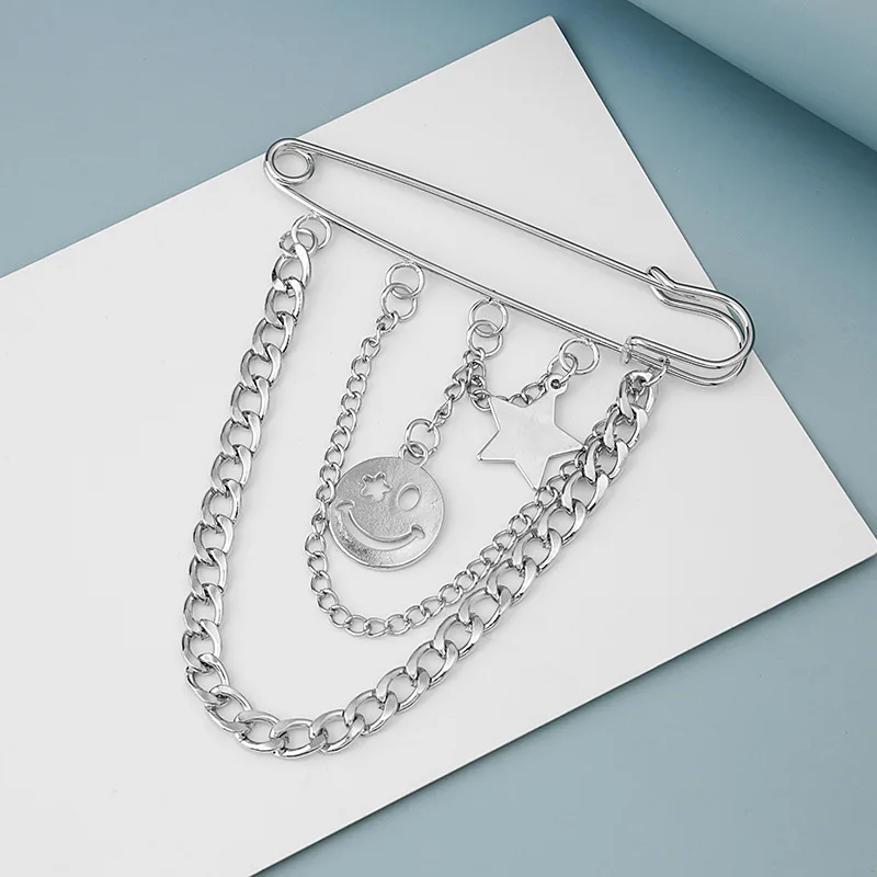 Korean Silver Cross Butterfly Smile Face Chain Brooch pin for Clothes Decoration