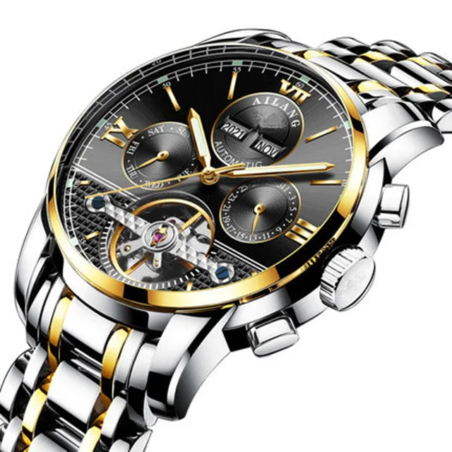 GMS New Design Custom Logo luxury automatic stainless steel men watch quality tourbillon two-toned luminous chronograph