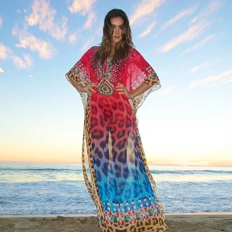 
Stunning Chiffon Leopard Print Short Sleeve V Neck Long Maxi Kaftan Dress Beach Cover Up 