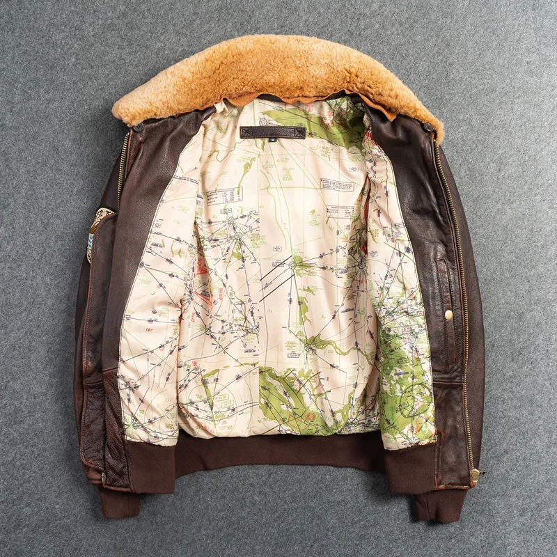 PDEP plus size 5XL military mens pilot jacket and coat brown genuine leather fur collor bomber winter jacket for men