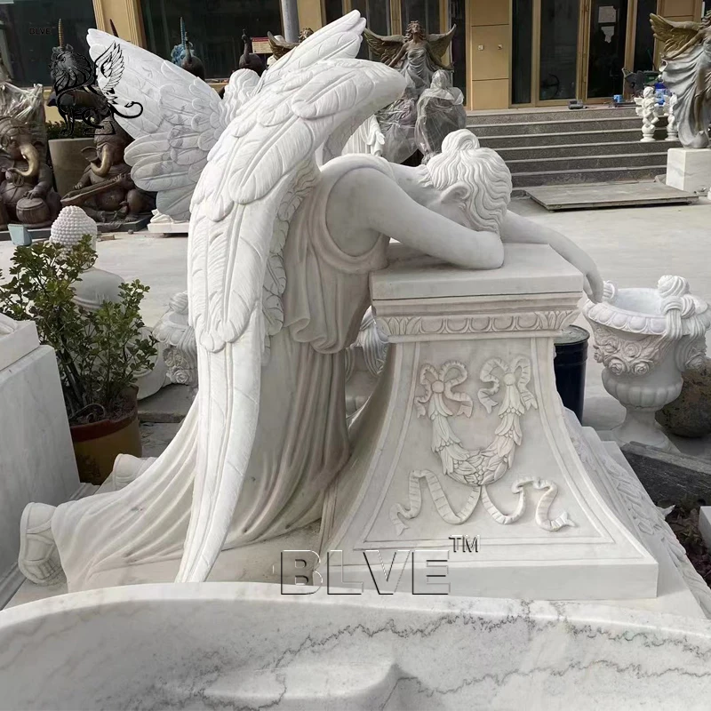 BLVE Custom Outdoor Cemetery White Natural Stone Marble Kneeling Angel Statue Tombstone Monument Gravestone