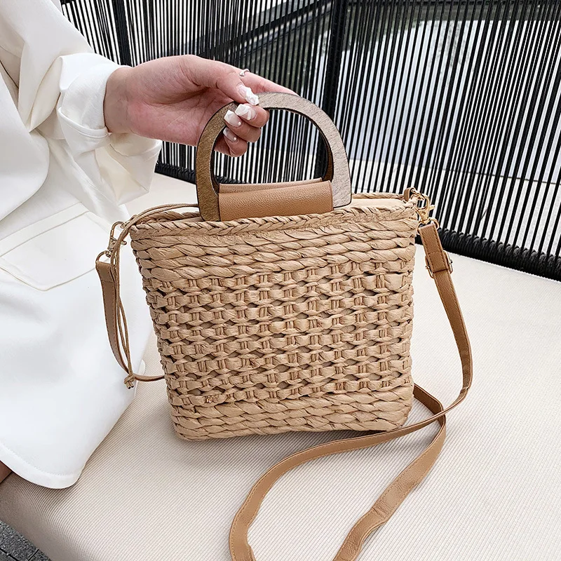 Vintage Hollow Straw Handbag Seaside Basket Diagonal Bag Simple Design Clutch Shopping Bags Women Messenger Bag