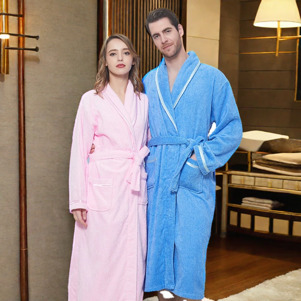 New Style Blue Cotton Waffle Knitted Bathrobe Set Thermal Nightgowns for Bath Sleepwear Solid Pattern Plain Printing for Hotels