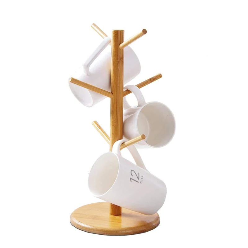 Bamboo Mug Rack Tree Coffee Tea Cup Organizer Hanger Holder with 6 Hooks Removable Bamboo Mug Rack Stand