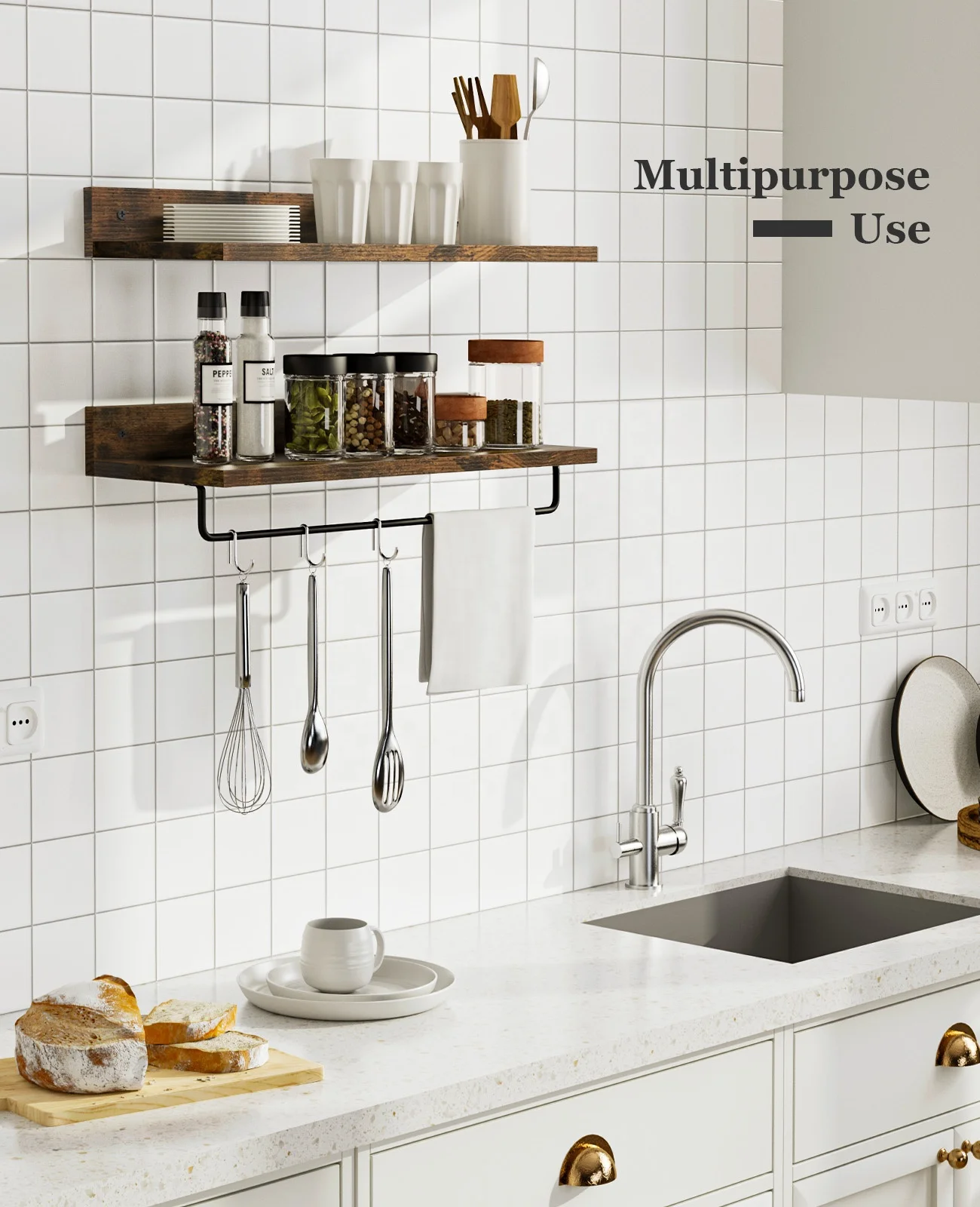 Custom Wood Decor Rustic Floating Shelves Wall Mounted Toilet Paper Towel Rack Set Dark Brown Bathroom Wall Shelf with Towel Bar