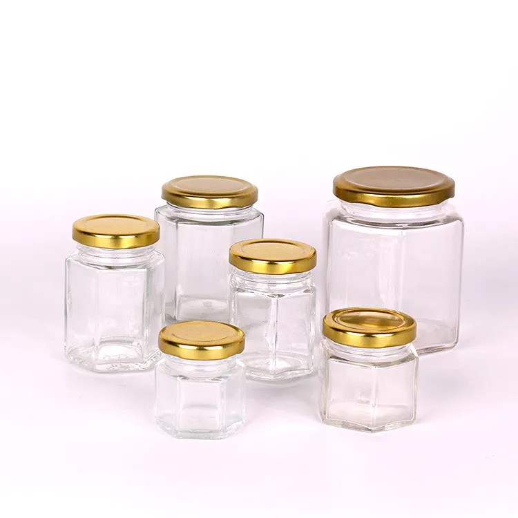 50ml 80ml 100ml 200ml 380ml 730ml hexagon glass honey jar cheap jam jars with metal lids
