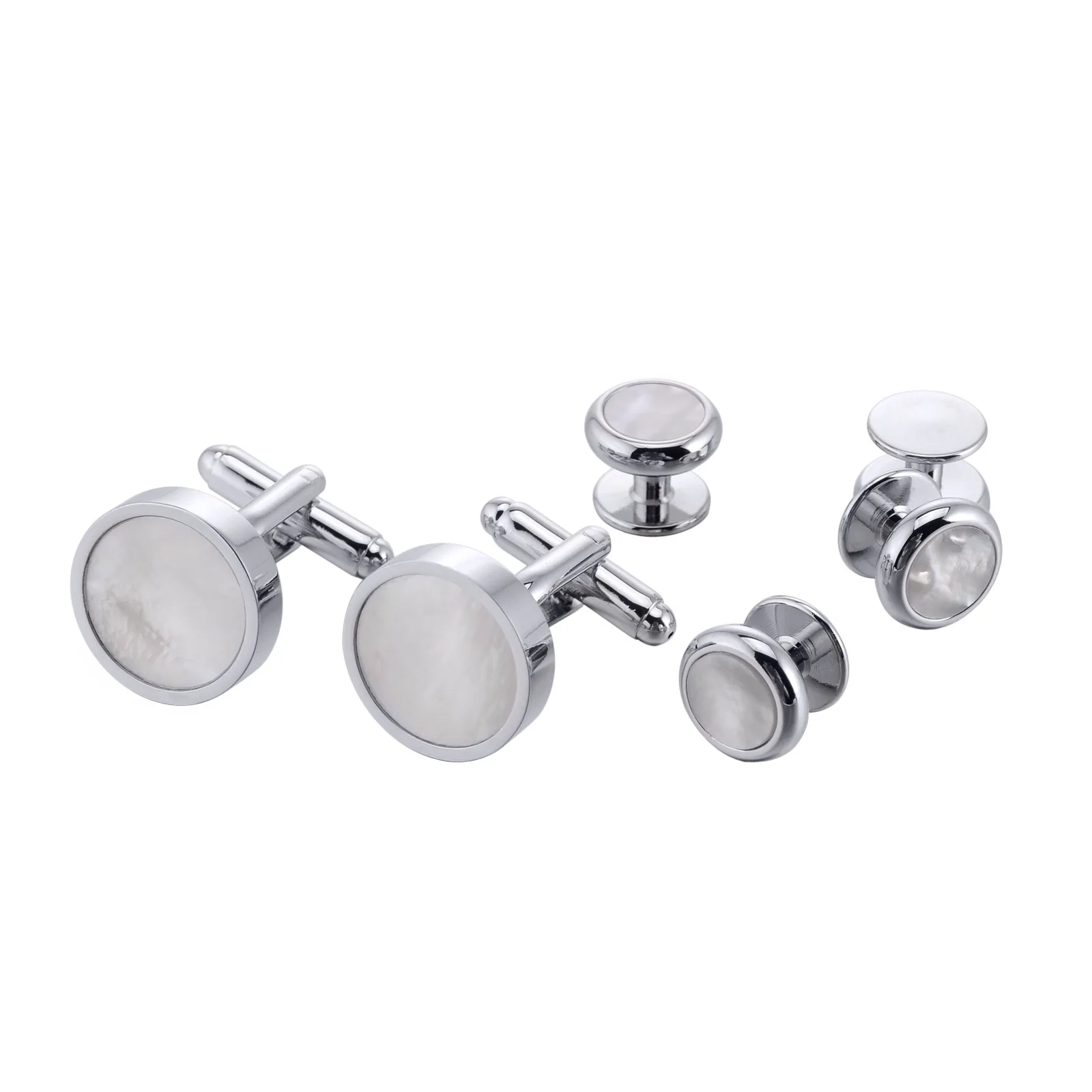 Wholesale Mother of Pearl Shell Silver Color Cuff links Studs Set Custom Wedding Tuxedo Tailor Suit Shirt Cufflinks Stud Sets